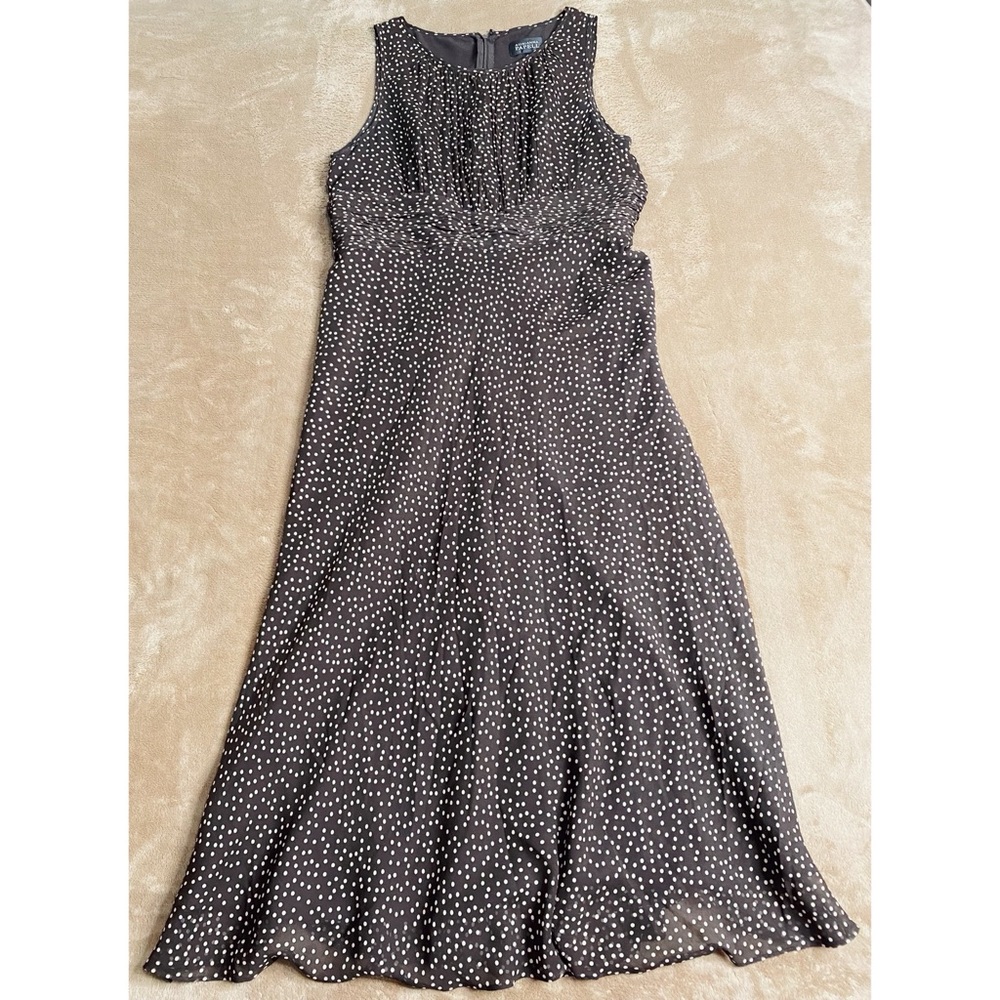 Adrianna Papell Brown Polka Dots Back Sash Silk Flared Hem Midi Length Dress